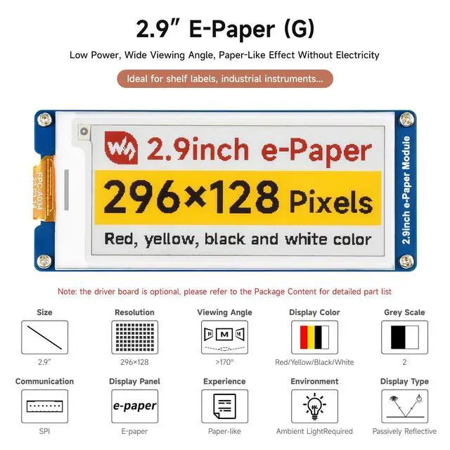 Alt view image 3 of 6 - 2.9inch E-Paper Display (G), E-Ink Display, 296x128, Red/Yellow/Black/White, SPI Interface, with Driver Board
