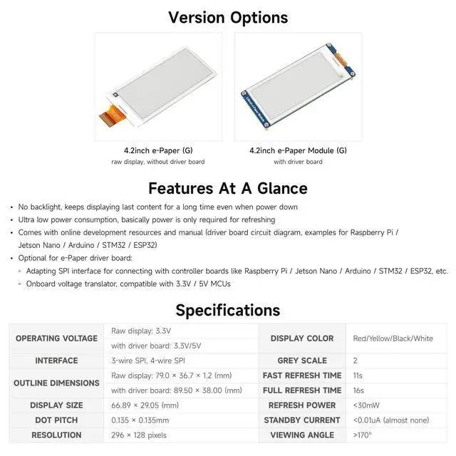 Alt view image 4 of 6 - 2.9inch E-Paper Display (G), E-Ink Display, 296x128, Red/Yellow/Black/White, SPI Interface, with Driver Board