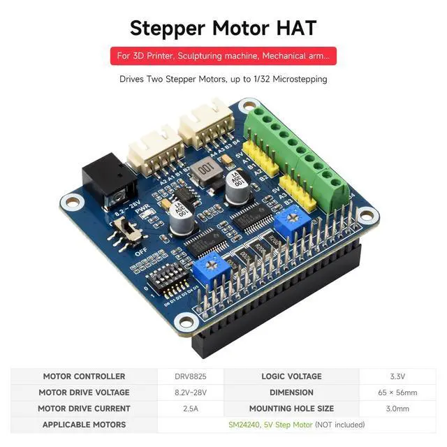 Alt view image 3 of 7 - Stepper Motor HAT Onboard Dual DRV8825 Motor Controller Drives Two Stepper Motors Up to 1/32 Microstepping Compatible with Zero/Zero W/Zero WH/2B/3B/3B+