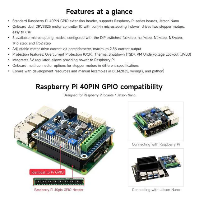 Alt view image 4 of 7 - Stepper Motor HAT Onboard Dual DRV8825 Motor Controller Drives Two Stepper Motors Up to 1/32 Microstepping Compatible with Zero/Zero W/Zero WH/2B/3B/3B+