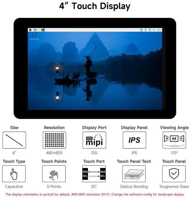 Alt view image 3 of 7 - 4inch Capacitive Touch Display Compatible with 5/4B/3B+/3A+/CM3+/4 480×80 Resolution DSI Interface IPS Optical Bonding Screen