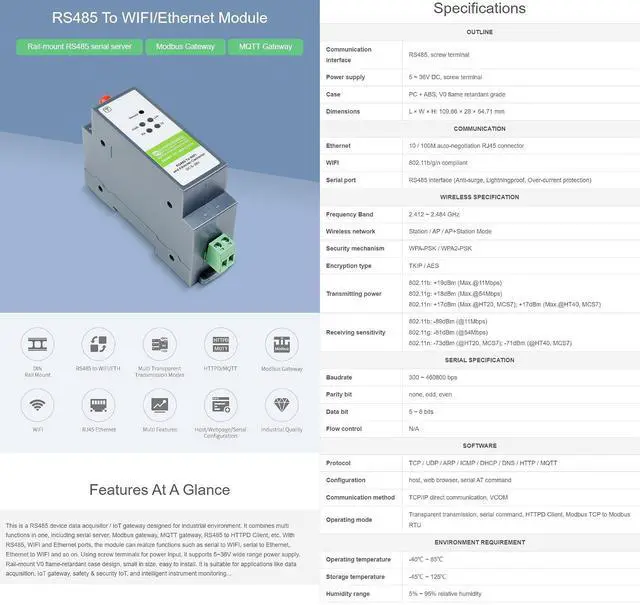 Alt view image 3 of 7 - RS485 to WiFi/Ethernet Module Rail-Mount Serial Server Modbus MQTT Gateway