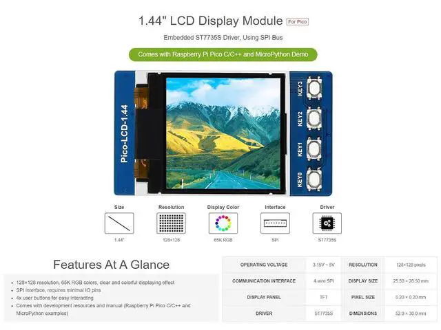 Alt view image 4 of 6 - 1.44inch LCD Display Module for Pico 65K RGB Colors 128×128 Pixels Embedded ST7735S Driver Using SPI Bus Comes with Pico C/C++ and MicroPython Demo