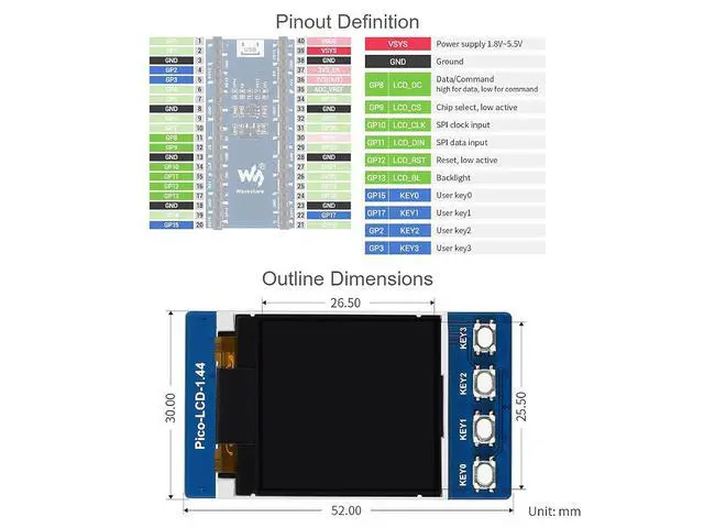 Alt view image 6 of 6 - 1.44inch LCD Display Module for Pico 65K RGB Colors 128×128 Pixels Embedded ST7735S Driver Using SPI Bus Comes with Pico C/C++ and MicroPython Demo