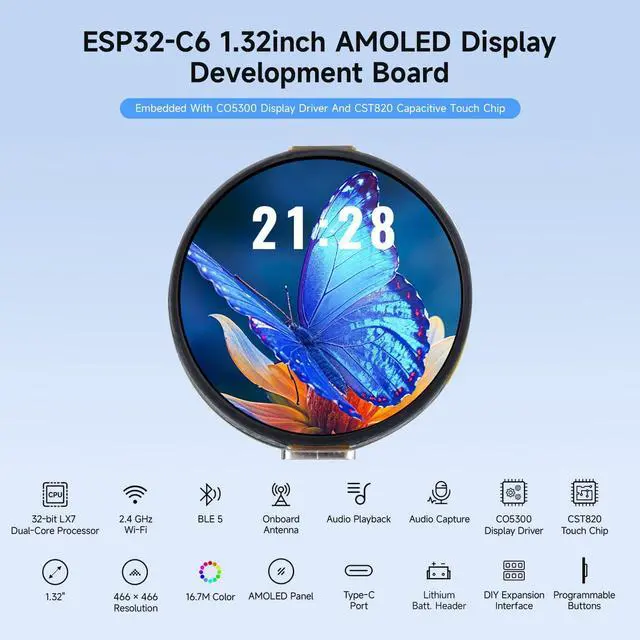 Alt view image 3 of 7 - ESP32-C6 1.32inch AMOLED Round Touch Display Development Board, 466×466 Pixels, QSPI Interface, Supports Wi-Fi 6 and BT 5