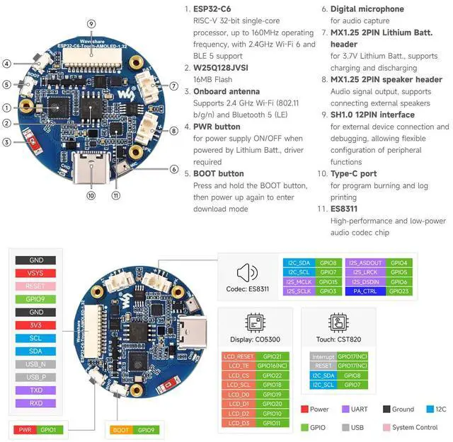 Alt view image 7 of 7 - ESP32-C6 1.32inch AMOLED Round Touch Display Development Board, 466×466 Pixels, QSPI Interface, Supports Wi-Fi 6 and BT 5