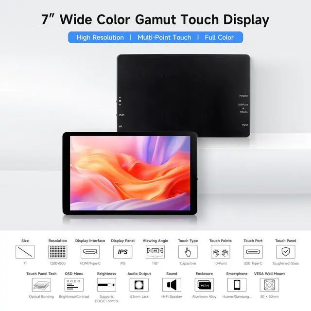 Alt view image 3 of 7 - 7inch Capacitive Touch Display,1280×800 Resolution, Compatible with 5/4B/3B/Zero/Zero W/Zero 2W/Pico/Pico, Supports Jetson Nano/RDK X3/VisionFive2/Windows/Smartphone