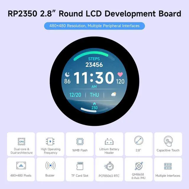 Alt view image 3 of 7 - RP2350 2.8inch Round Display Development Board, 480×480, Based On The RP2350B Dual-core & Dual-Architecture Microcontroller, RGB Interface