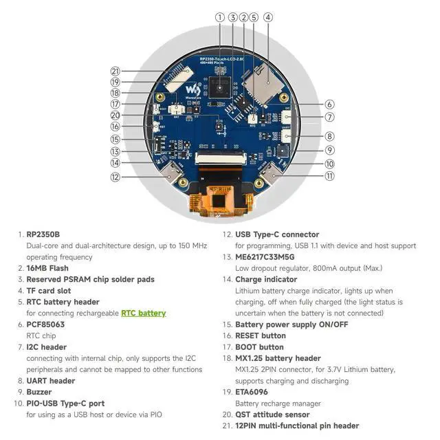 Alt view image 7 of 7 - RP2350 2.8inch Round Display Development Board, 480×480, Based On The RP2350B Dual-core & Dual-Architecture Microcontroller, RGB Interface