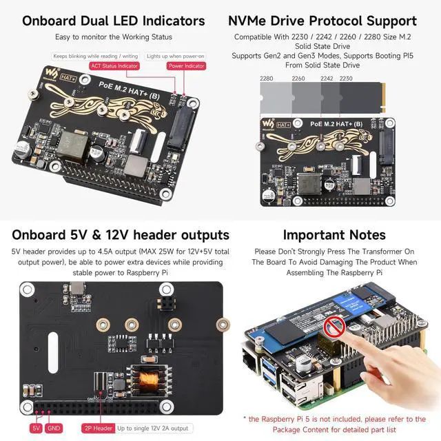 Alt view image 7 of 7 - PCIe to M.2 Adapter with PoE Function HAT+ (B), Compatible with 5, Supports POE NVMe Drive Protocol 2230/2242 / 2260/2280 M.2 Solid State Drive, High-Speed Reading/Writing