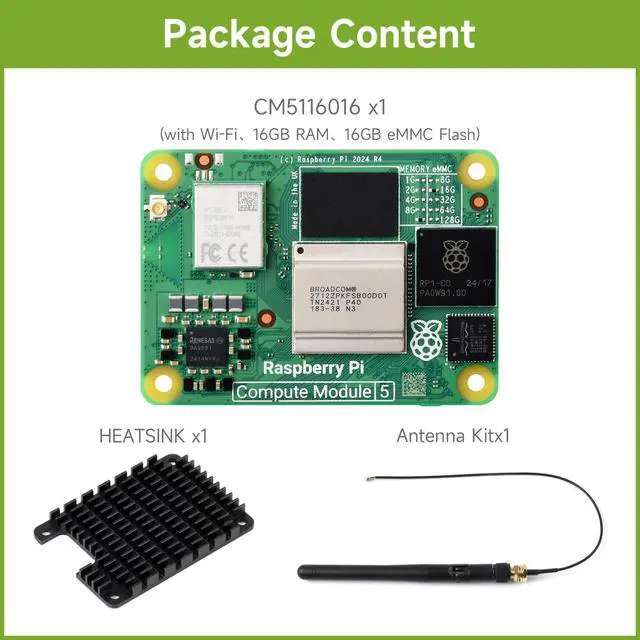Alt view image 2 of 7 - CM5 Pi Compute Module 5Comes with an Official CM5116016 (with Wireless, 16GB RAM, 16GB eMMC Flash), an Antenna Kit and a HEATSINK. (3 Items)