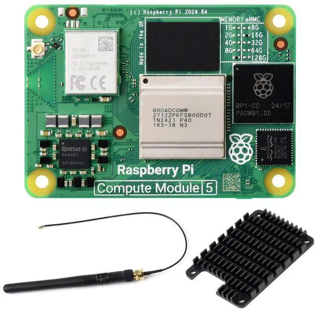 Main image of CM5 Pi Compute Module 5Comes with an Official CM5116016 (with Wireless, 16GB RAM, 16GB eMMC Flash), an Antenna Kit and a HEATSINK. (3 Items)