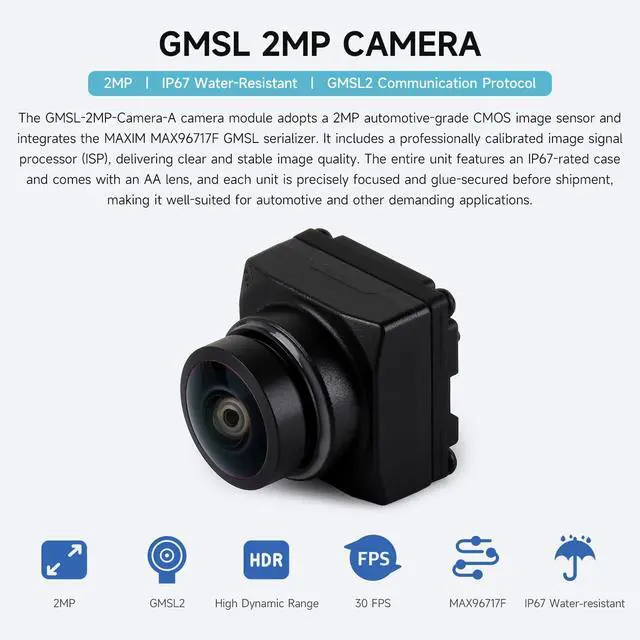 Alt view image 3 of 5 - 2MP GMSL Camera Module, Automotive-Grade Image Sensor, Built-in ISP, AA Lens, IP67 Protection Degree and More Durable