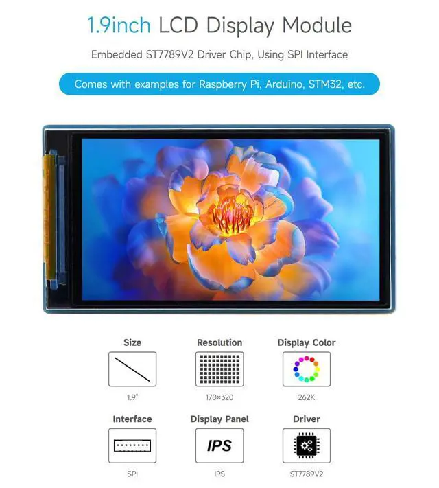Alt view image 3 of 7 - 1.9inch LCD Display Module, 170×320 Resolution, SPI Interface, IPS, 262K Colors