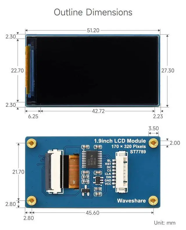 Alt view image 7 of 7 - 1.9inch LCD Display Module, 170×320 Resolution, SPI Interface, IPS, 262K Colors