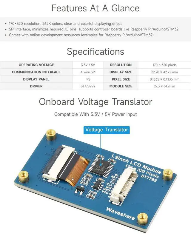 Alt view image 4 of 7 - 1.9inch LCD Display Module, 170×320 Resolution, SPI Interface, IPS, 262K Colors
