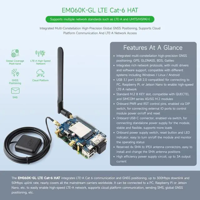 Alt view image 3 of 7 - LTE Cat 6 Communication HAT Compatible with , LTE-A Global Multi-Band, GNSS Positioning, Comes with EM060K-GL Module