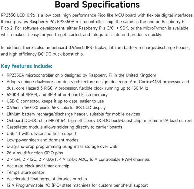 Alt view image 4 of 7 - RP2350-LCD-0.96 Development Board, with 0.96inch Display, 160×80 Resolution, Based On RP2350A Dual-core & Dual-Architecture Microcontroller, with Pre-soldered Header