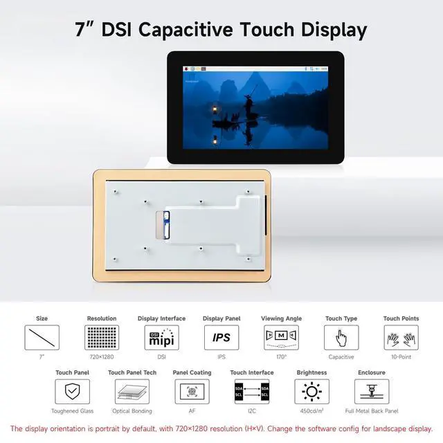 Alt view image 3 of 7 - 7inch DSI Capacitive Touch Display, Compatible with 5/4B/3B/CM3/3+/4, 720×1280, IPS Panel, Optical Bonding Toughened Glass Panel, 10-Point Touch, Anti-Fingerprint Process