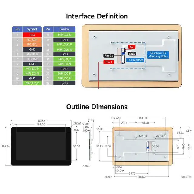 Alt view image 7 of 7 - 7inch DSI Capacitive Touch Display, Compatible with 5/4B/3B/CM3/3+/4, 720×1280, IPS Panel, Optical Bonding Toughened Glass Panel, 10-Point Touch, Anti-Fingerprint Process