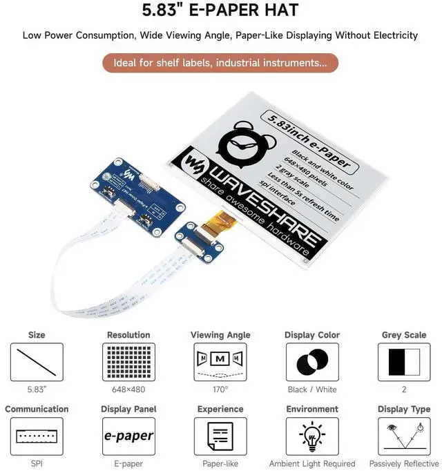 Alt view image 3 of 7 - 5.83inch E-Paper E-Ink Display HAT Compatible with 4B/3B+/3B/2B/B+/A+/Zero/Zero W/WH/Zero 2W Series Boards 648×480 Pixels Black/White Dual-Color SPI Interface