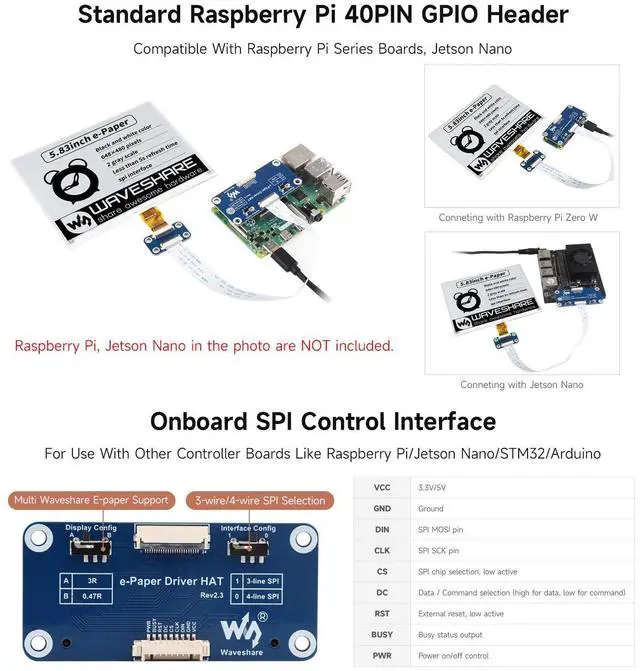 Alt view image 6 of 7 - 5.83inch E-Paper E-Ink Display HAT Compatible with 4B/3B+/3B/2B/B+/A+/Zero/Zero W/WH/Zero 2W Series Boards 648×480 Pixels Black/White Dual-Color SPI Interface