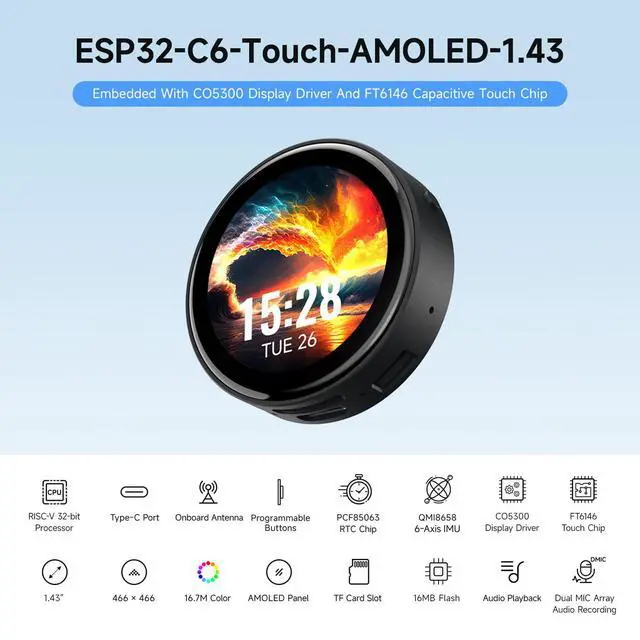 Alt view image 3 of 7 - ESP32-C6 1.43inch AMOLED Touch Round Display Development Board, 466×466 Pixels, 160MHz RISC-V Processor, QSPI Interface, Dual Digital Microphone Array, with Enclosure