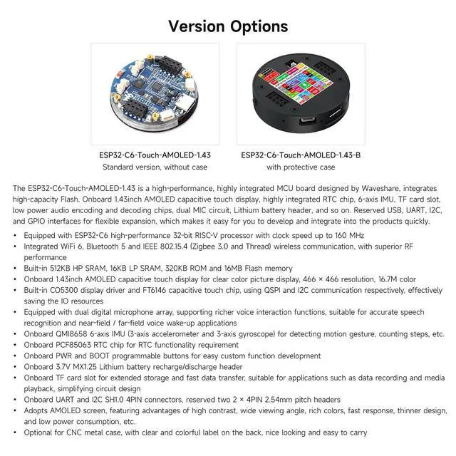 Alt view image 4 of 7 - ESP32-C6 1.43inch AMOLED Touch Round Display Development Board, 466×466 Pixels, 160MHz RISC-V Processor, QSPI Interface, Dual Digital Microphone Array, with Enclosure