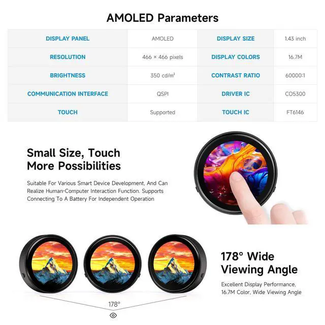 Alt view image 5 of 7 - ESP32-C6 1.43inch AMOLED Touch Round Display Development Board, 466×466 Pixels, 160MHz RISC-V Processor, QSPI Interface, Dual Digital Microphone Array, with Enclosure