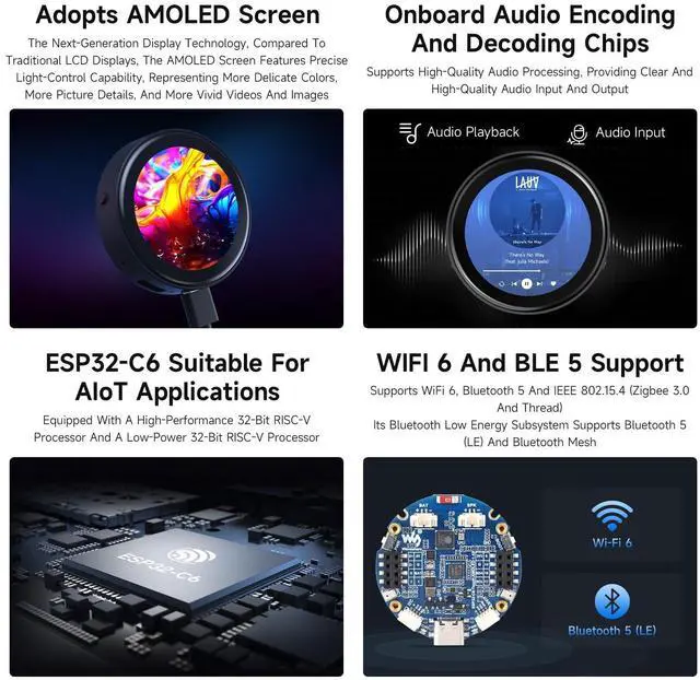 Alt view image 6 of 7 - ESP32-C6 1.43inch AMOLED Touch Round Display Development Board, 466×466 Pixels, 160MHz RISC-V Processor, QSPI Interface, Dual Digital Microphone Array, with Enclosure