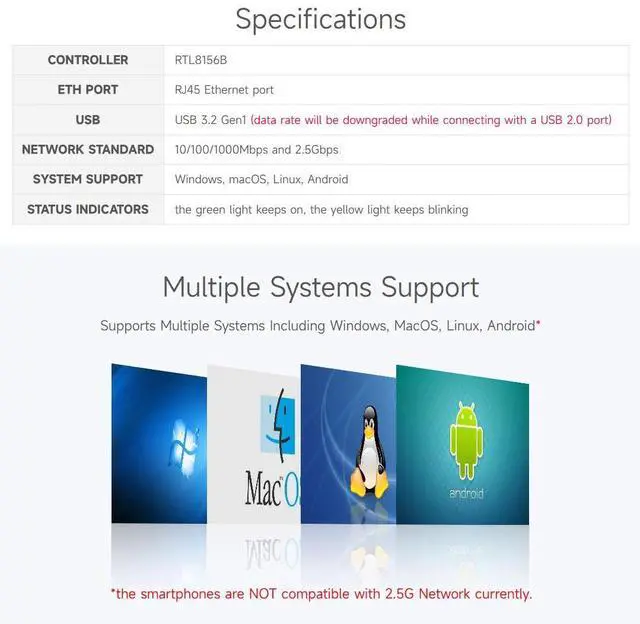 Alt view image 4 of 7 - USB to 2.5G Ethernet Port Converter, High-Speed Networking, No Driver Required 2.5G USB Ethernet Adapter, Compatible with 5/Jetson Nano/PC and Windows/MacOS/Linux/Android System