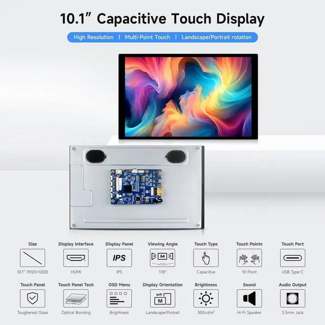 Alt view image 3 of 7 - 10.1inch High Resolution Capacitive Touch Display, Compatible with 5/4B/3B/Zero/Zero W/Zero 2W/Pico/Pico, Supports Windows and Jetson Nano, IPS Display, 10-Point Touch