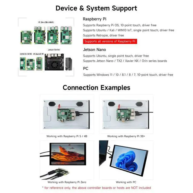 Alt view image 4 of 7 - 10.1inch High Resolution Capacitive Touch Display, Compatible with 5/4B/3B/Zero/Zero W/Zero 2W/Pico/Pico, Supports Windows and Jetson Nano, IPS Display, 10-Point Touch