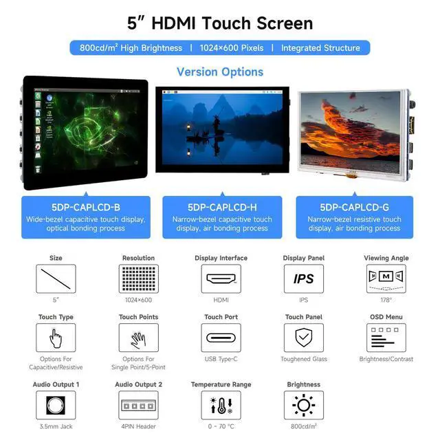 Alt view image 3 of 7 - 5inch High-Brightness Touch Screen, Compatible with 5/4B/3B/Zero/Zero W/Zero 2W/Pico/Pico W/Pico WH, Supports Windows 11/10/8.1/8/7 & Jetson Nano, Narrow-Bezel Capacitive Touch