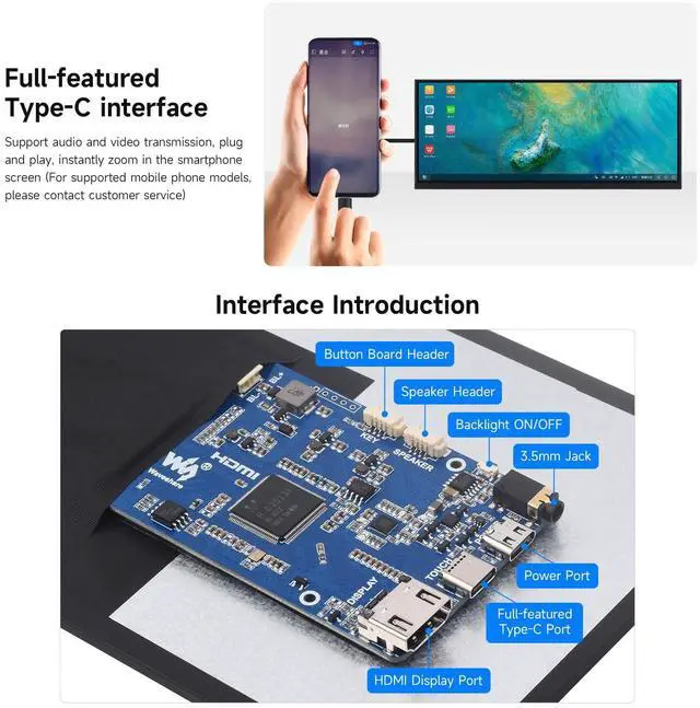 Alt view image 2 of 6 - 12.3inch Capacitive Touch Display, in-Cell Technology, 1920x720, Compatible with 5/4B/3B/Zero/Zero W/Zero 2W/Pico/Pico, Supports Windows/Jetson Nano/TX2/Xavier NX/Orin