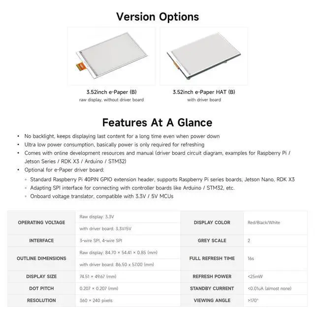 Alt view image 4 of 7 - 3.52inch e-Paper Display (B), e-Ink Display, 360x240, Red/Black/White, SPI Interface, Raw E-Paper, Without Driver Board