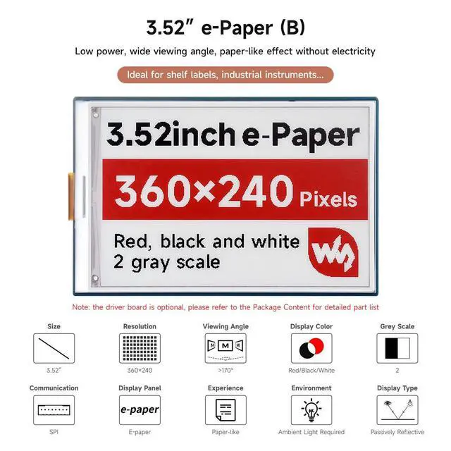 Alt view image 3 of 7 - 3.52inch e-Paper Display (B), e-Ink Display, 360x240, Red/Black/White, SPI Interface, Raw E-Paper, Without Driver Board