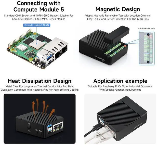Alt view image 6 of 7 - Mini Dual Gigabit Ethernet Base Board, Mini-Computer Kit, Compatible with Compute Module 5 (NOT Included), for All Variants of CM5, Comes with Case and Power Supply