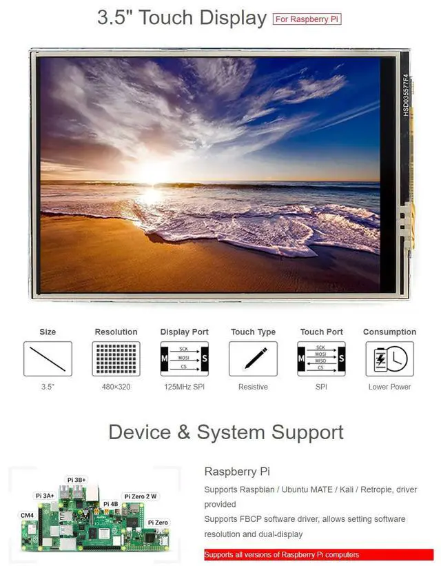 Alt view image 3 of 6 - 3.5inch Resistive Touch Display, Compatible with 5/4B/3B/Zero/Zero W/Zero 2W/Pico/Pico W/Pico WH, 480×320, 125MHz High-Speed SPI