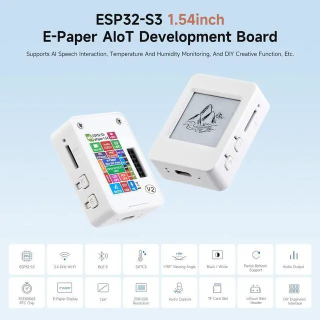 Alt view image 3 of 7 - ESP32-S3 1.54inch e-Paper AIoT Development Board, 200 × 200, Black/White, Supports Wi-Fi and BLE Dual-Mode Communication, with Touch Function