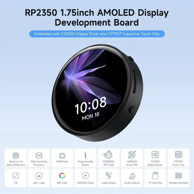 Alt view image 3 of 7 - RP2350 1.75inch AMOLED Display Development Board, 466×466 Resolution, 65K Color, Dual-core & Dual-Architecture, onboard Accelerometer/Gyroscope IMU Sensor, Standard Version with Case