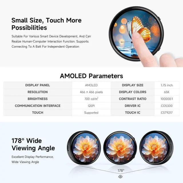 Alt view image 5 of 7 - RP2350 1.75inch AMOLED Display Development Board, 466×466 Resolution, 65K Color, Dual-core & Dual-Architecture, onboard Accelerometer/Gyroscope IMU Sensor, Standard Version with Case