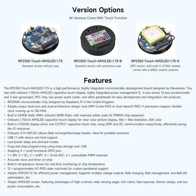 Alt view image 4 of 7 - RP2350 1.75inch AMOLED Display Development Board, 466×466 Resolution, 65K Color, Dual-core & Dual-Architecture, onboard Accelerometer/Gyroscope IMU Sensor, Standard Version with Case