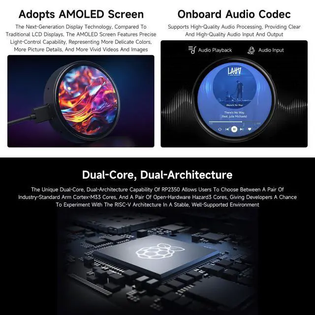 Alt view image 6 of 7 - RP2350 1.75inch AMOLED Display Development Board, 466×466 Resolution, 65K Color, Dual-core & Dual-Architecture, onboard Accelerometer/Gyroscope IMU Sensor, Standard Version with Case