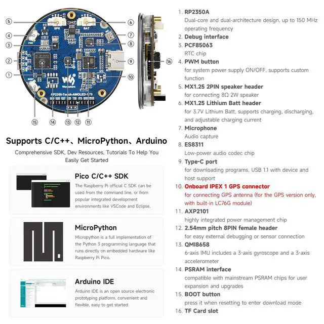 Alt view image 7 of 7 - RP2350 1.75inch AMOLED Display Development Board, 466×466 Resolution, 65K Color, Dual-core & Dual-Architecture, onboard Accelerometer/Gyroscope IMU Sensor, Standard Version with Case