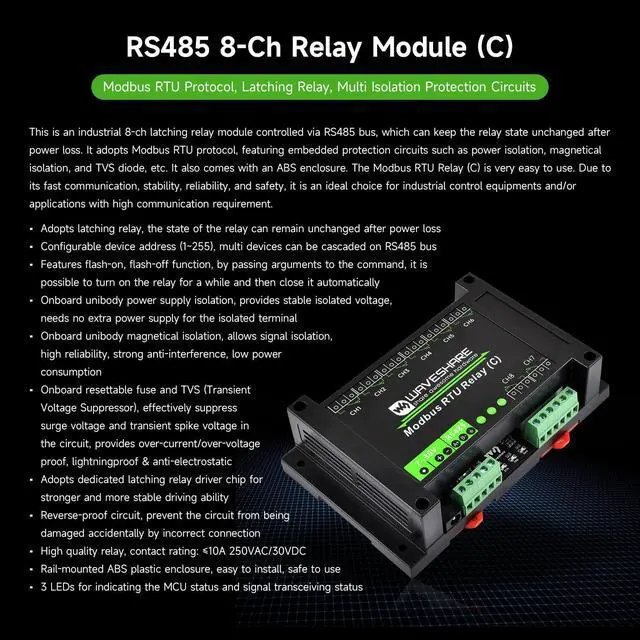 Alt view image 3 of 6 - Modbus RTU 8-ch Latching Relay Module (C) with RS485 Interface, Multi Isolation Protection Circuits, Rail-Mounted Case