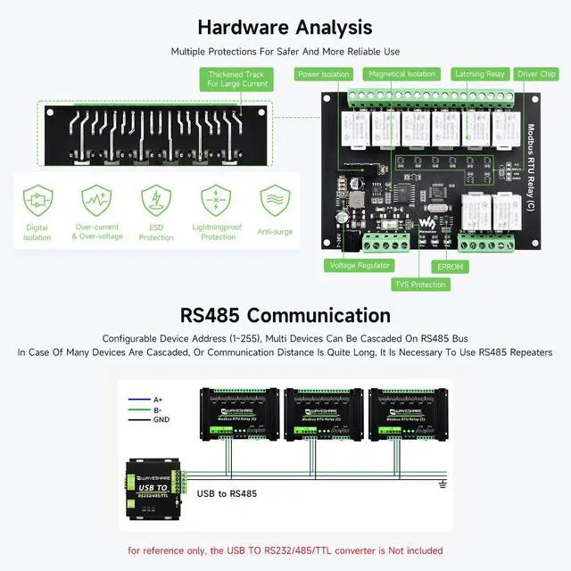 Alt view image 5 of 6 - Modbus RTU 8-ch Latching Relay Module (C) with RS485 Interface, Multi Isolation Protection Circuits, Rail-Mounted Case
