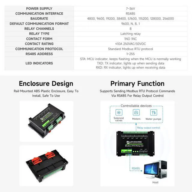 Alt view image 4 of 6 - Modbus RTU 8-ch Latching Relay Module (C) with RS485 Interface, Multi Isolation Protection Circuits, Rail-Mounted Case