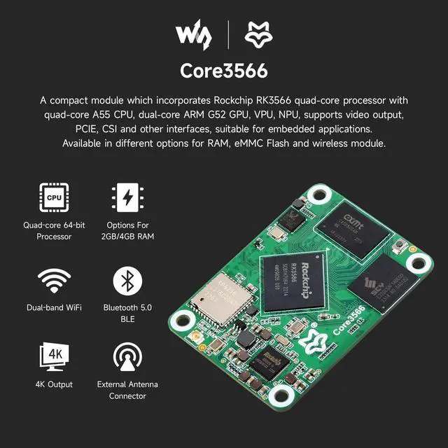Alt view image 3 of 7 - Core3566 Module, Rockchip RK3566 Quad-Core Processor, Compatible with CM4, Without Wireless, 4GB RAM, 32GB eMMC Flash