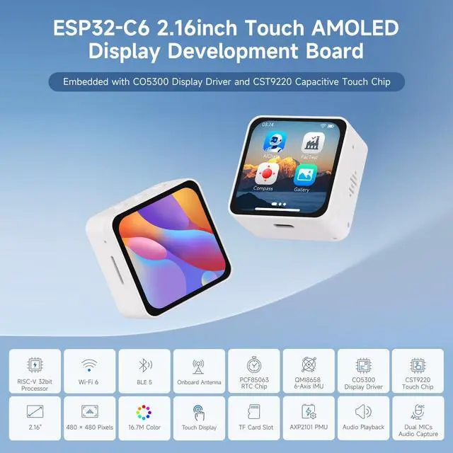 Alt view image 3 of 7 - ESP32-C6 2.16inch AMOLED Display Touch Screen Development Board, 480 × 480 Resolution, 16.7M Color, Supports Dual Microphones, Wi-Fi 6 and BLE 5